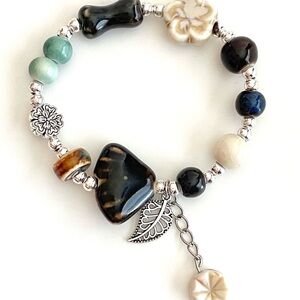 Ivory Flower Bracelet brown green ceramic silver bohemian leaf